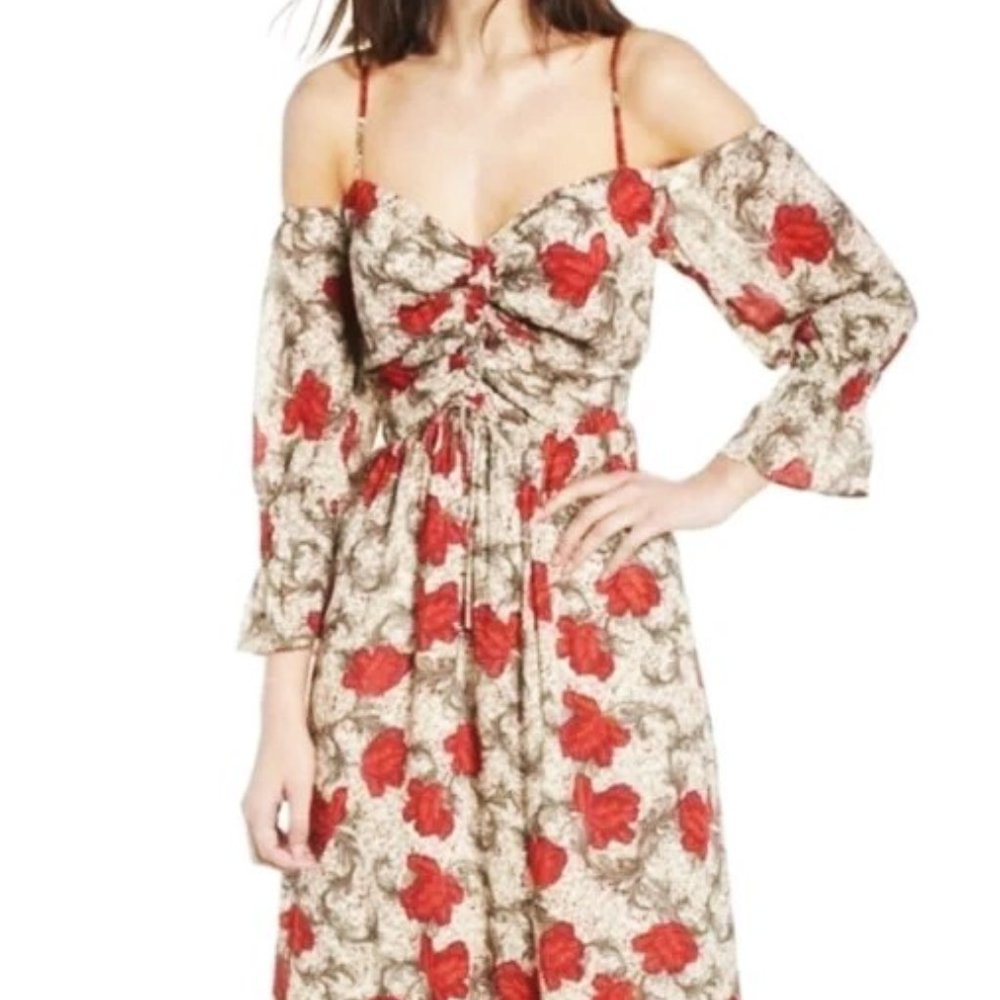 Hinge Nordstrom Dress Womens Size Small Off Shoulder Floral Smocked Back Midi